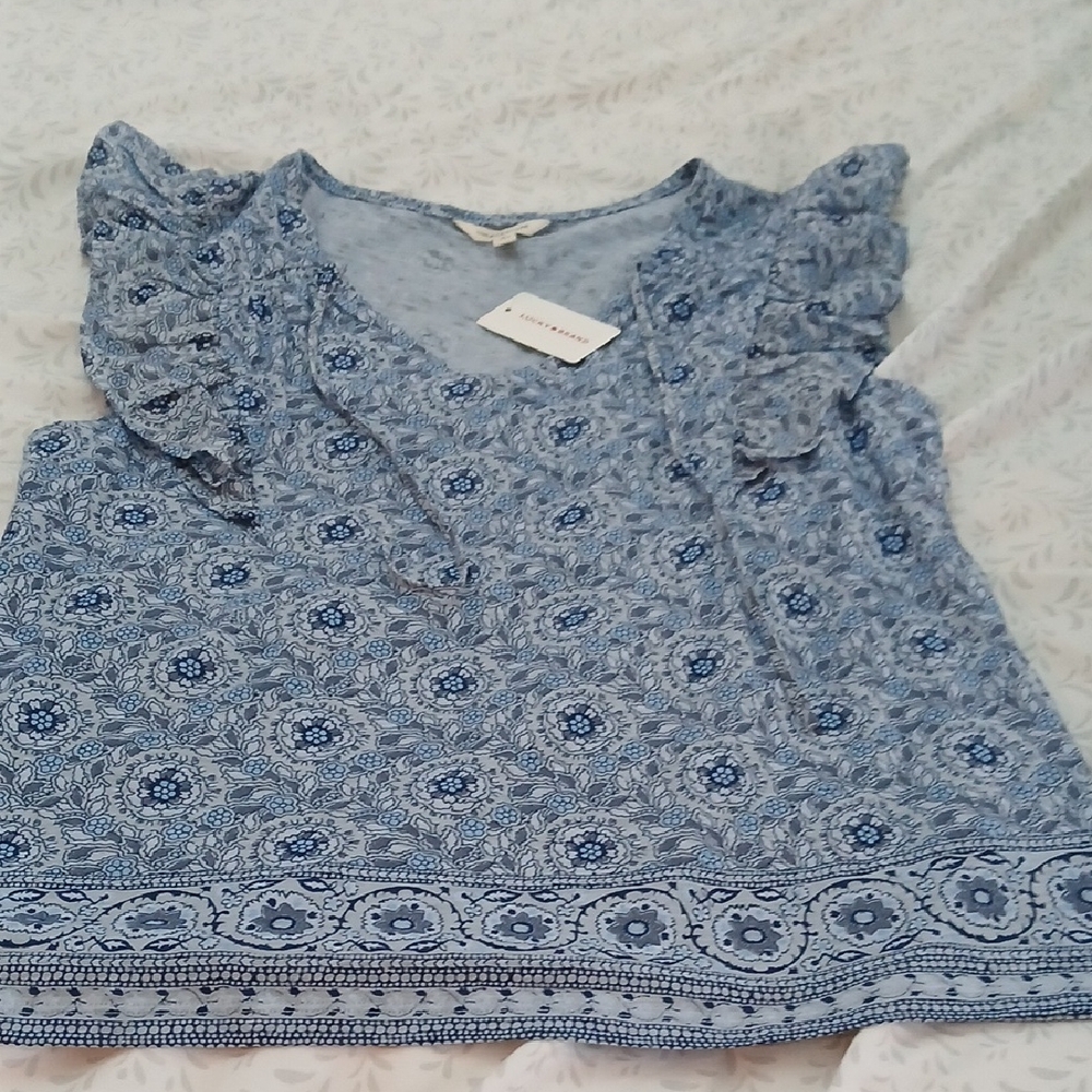 NWT Lucky Brand Blue Patterned Ruffle Blouse lightweight Size L